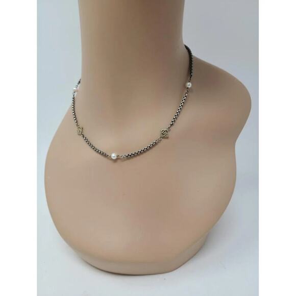 AUTH David Yurman Sterling Silver 14k DY and Pearl Station Cable Necklace - Picture 4 of 10